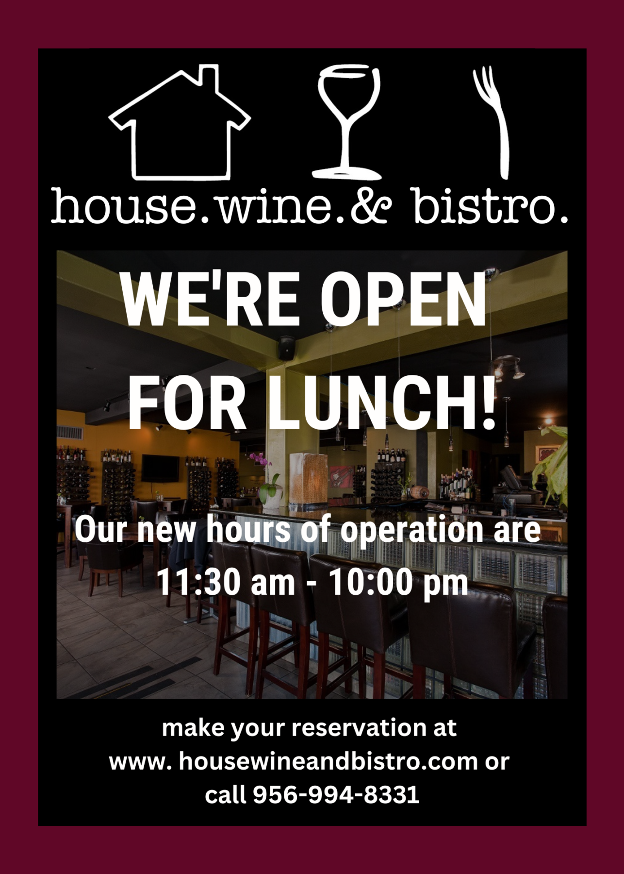 house. wine. & bistro. NOW OPEN FOR LUNCH! Explore McAllen